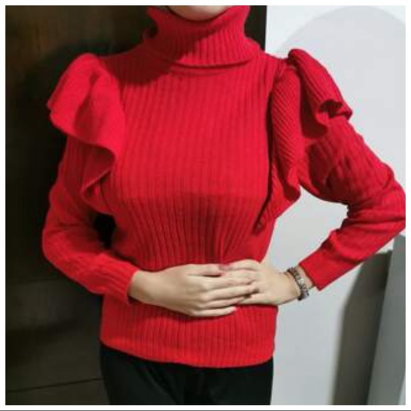 The Arti Red Ruffle Turtleneck Sweater - Picture 5 of 9